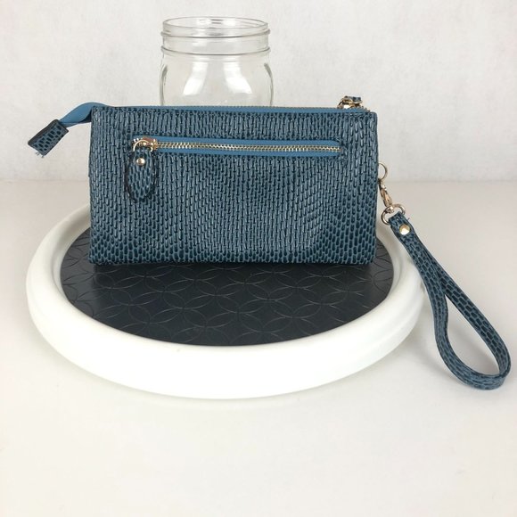 Olivia Miller Women's Blue Faux Leather Embossed Textured Wristlet Wallet - Picture 2 of 14